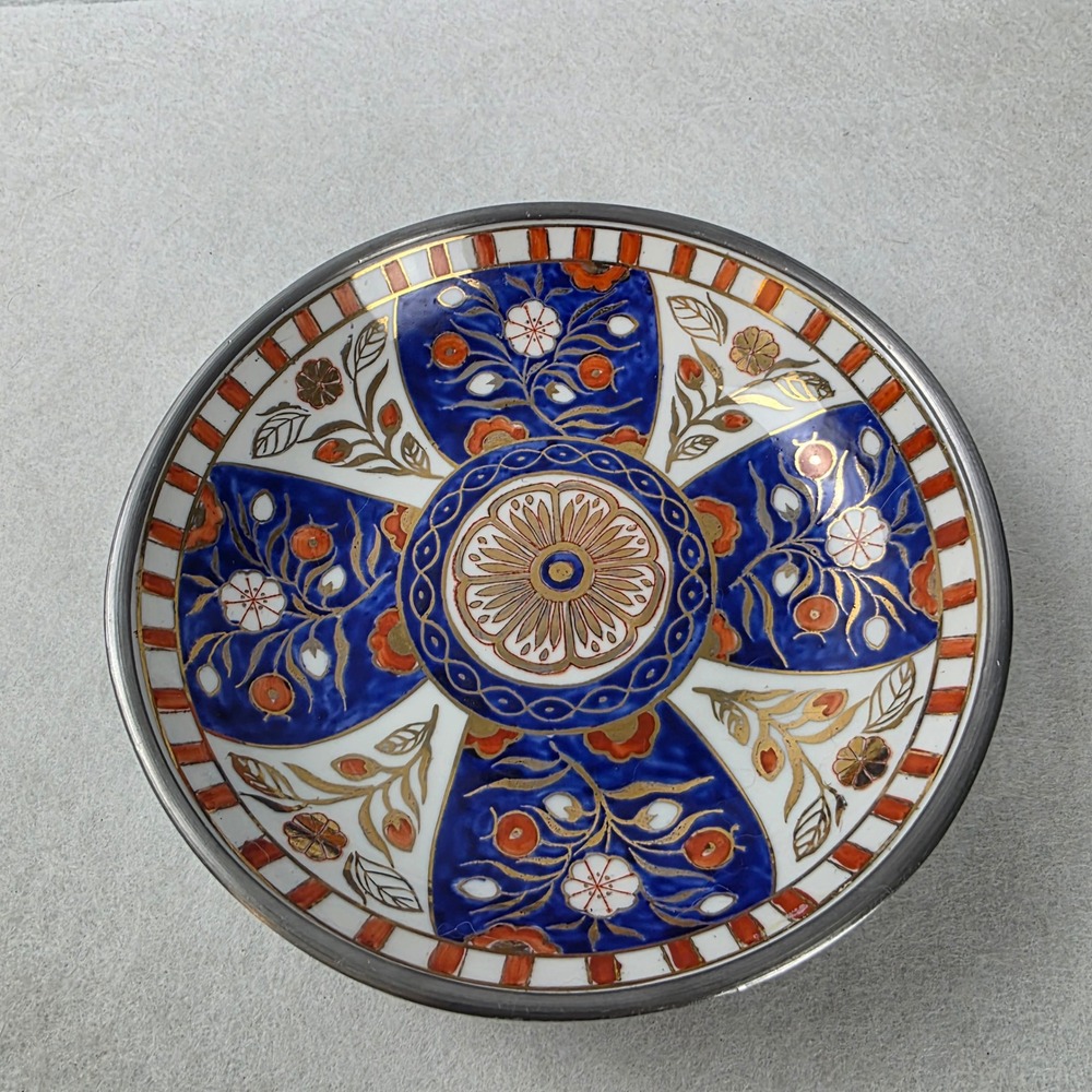 Neiman Marcus Vintage Imari Porcelain Pewter Encased Bowl Hong Kong Floral Gilt